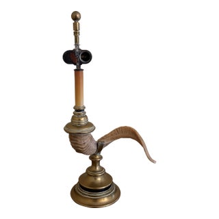 1970s Faux Ram’s Horn & Brass Table Lamp in the English Country House Style For Sale