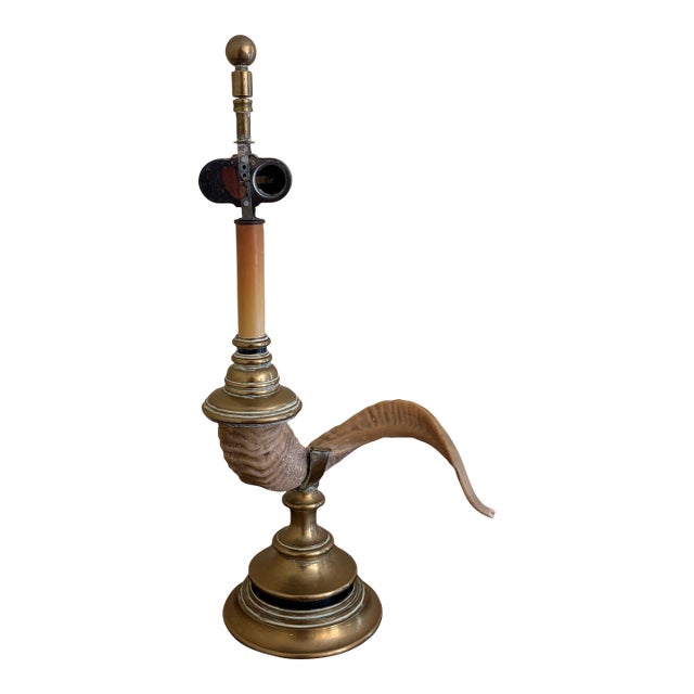 1970s Faux Ram’s Horn & Brass Table Lamp in the English Country House Style For Sale