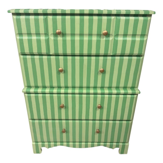 Hand-Painted Green Striped Dresser | Circus Interior Meets Neo Deco For Sale