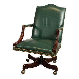 Hickory Chair Mahogany Green Leather Office Desk Chair (C) For Sale