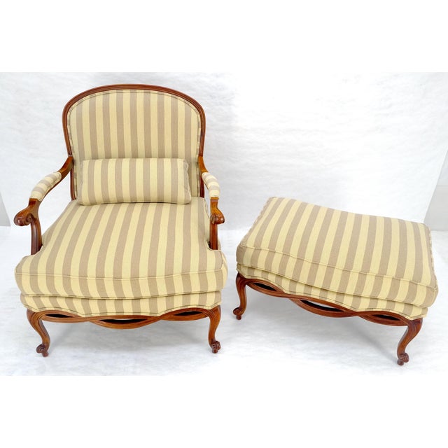 Cream Carved Cherry Frame Stripe Upholstery Lounge Chair w/ Matching Ottoman MINT For Sale - Image 8 of 12
