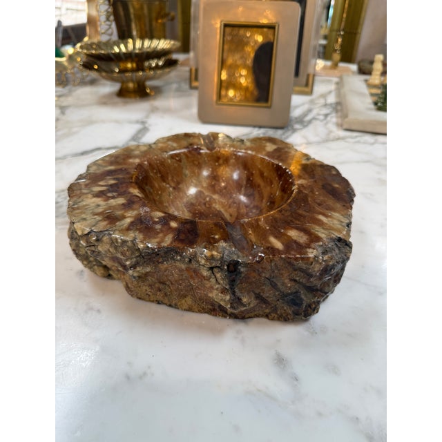 1970s Natural Brown Marble Ashtray – Polished Stone Bowl With Rustic Raw Edge For Sale - Image 5 of 6