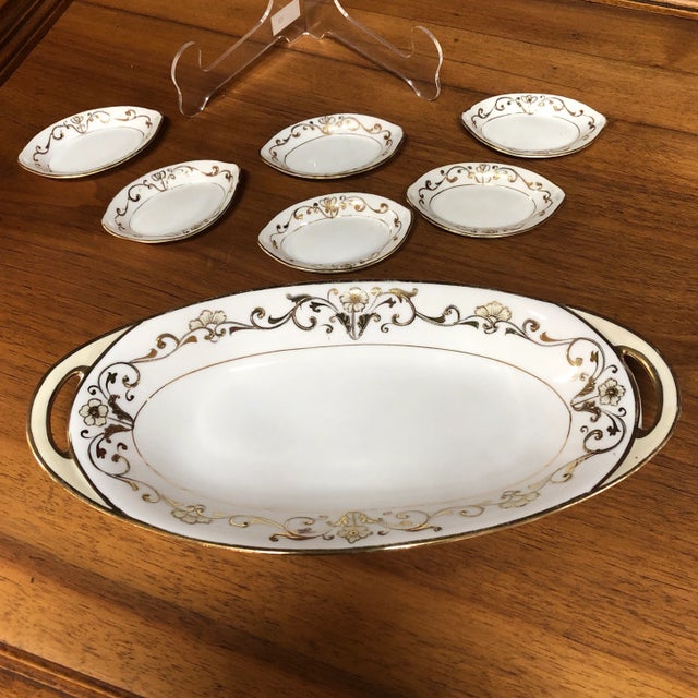Nice Celery Serving Platter With 6 Individual Salts. Gold Gilt Moriage Decoration. Nippon