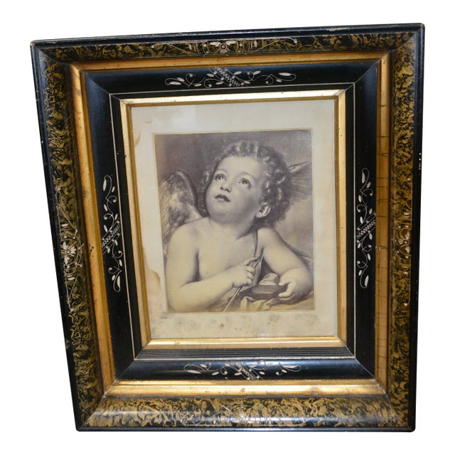 Vintage Gold / Black Mother of Pearl / Faux Marbleized Deep Picture Frame Cherub Arrow For Sale