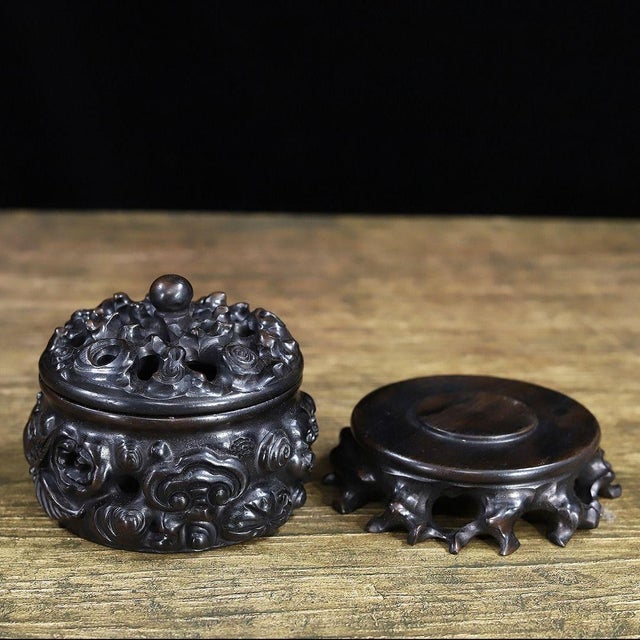 Vintage Chinese Ebony Wood Incense Burner | Carved Ruyi Lingzhi Censer With Stand For Sale - Image 4 of 9