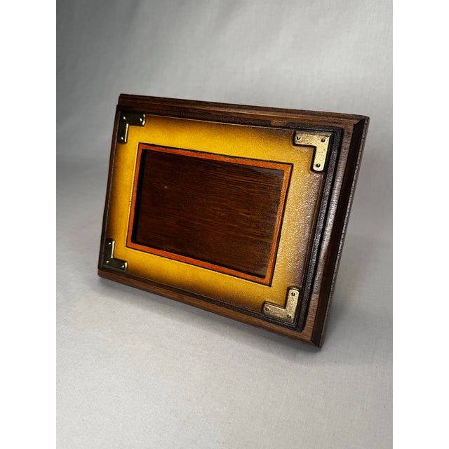 Vintage Hollywood Regency Campaign Style Golden Yellow Leather and Brass Tabletop Picture Frame For Sale In Houston - Image 6 of 11