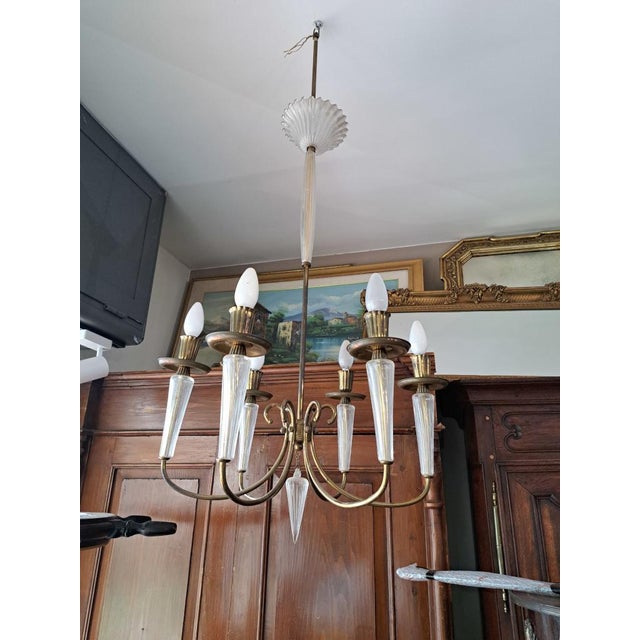 Metal Vintage Glass and Brass Chandelier, 1970s For Sale - Image 7 of 7
