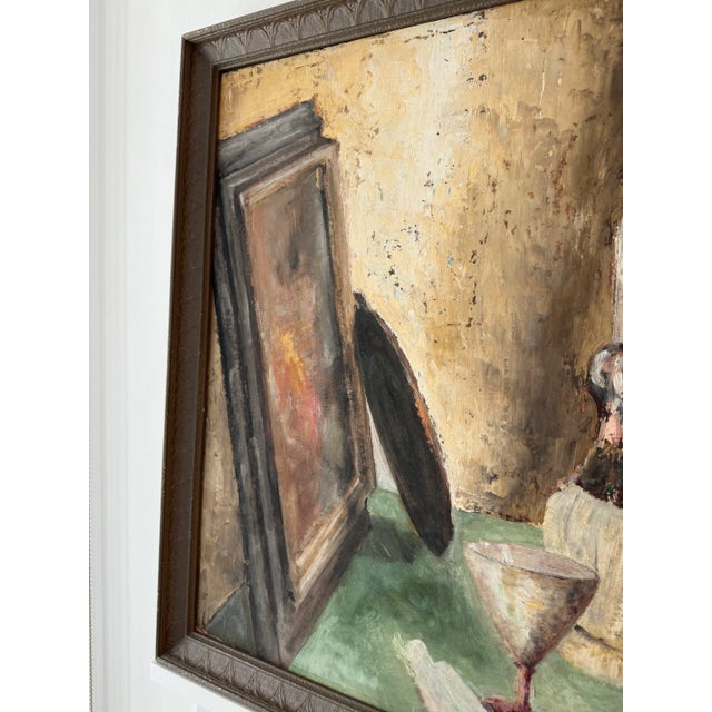 Impressionist Antonia J. Greene Still Life With Painting, Glass, and Candle, 1930s Oil on Board, Framed For Sale - Image 3 of 12