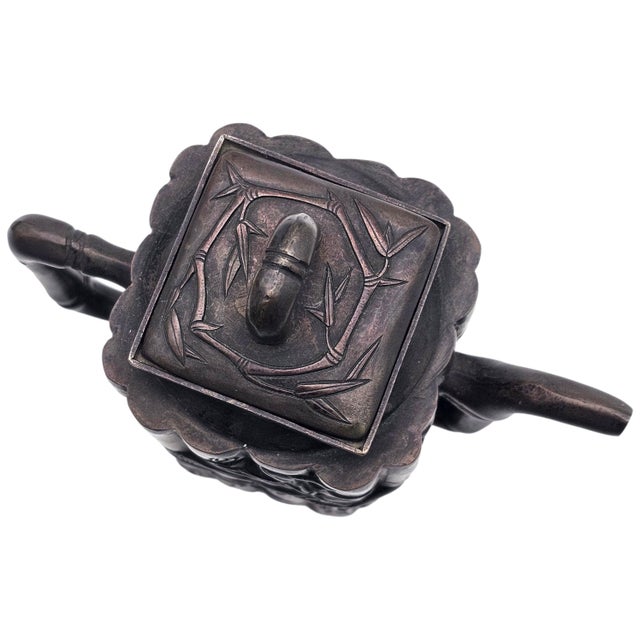 Vintage Chinese Bamboo-Form Cast Metal Teapot Sculpture With Relief Motifs (7.5") For Sale - Image 10 of 16