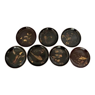 Antique Japanese Black Lacquered Dishes- Set of 7 For Sale