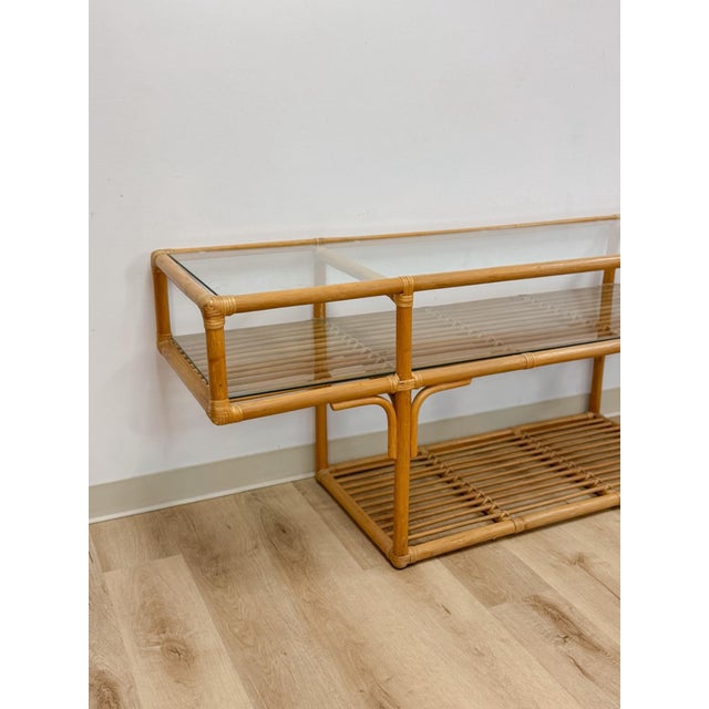 Vintage Console Table Rattan Two-Tier Glass Top Coastal Entryway Sofa Table Rare For Sale - Image 11 of 13