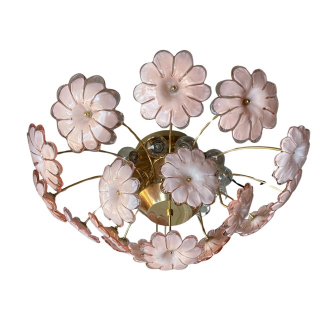 1960s 1960s Murano Glass Flush Mount Ceiling Light With Pink Flowers For Sale - Image 5 of 10