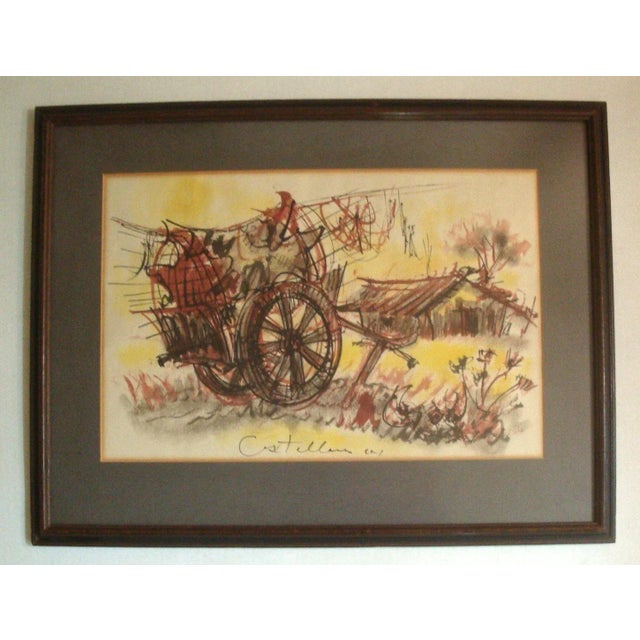 Midcentury Landscape Farm Cart Wagon Lithograph For Sale - Image 4 of 4
