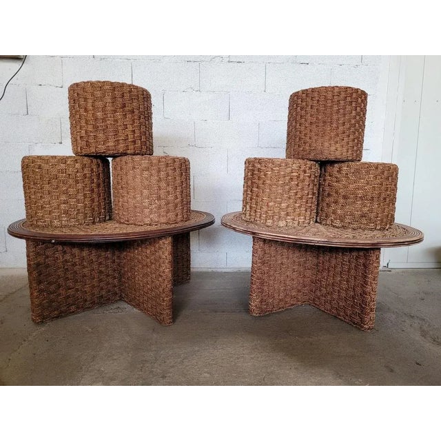 Poufs and 2 Round String Tables and Rattins, Set of 6 For Sale - Image 4 of 4