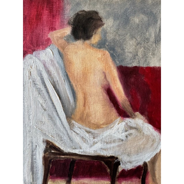 An elegant vintage original oil painting depicting a seated female nude viewed from behind, draped in flowing white fabric...