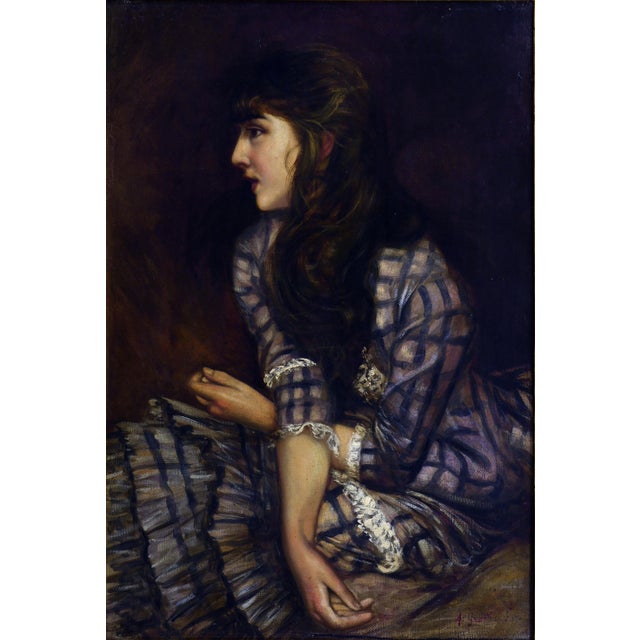 This elegant oil on canvas by Italian painter Angelo Granati portrays a young woman captured in a moment of quiet...