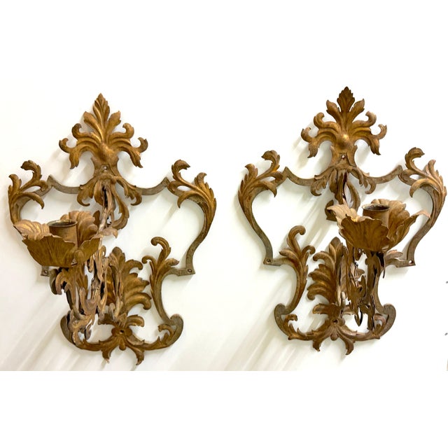 Late 19th Century Large Pair Venetian Gilt & Polychromed Tole Candle Sconces Italy, circa 1890s For Sale - Image 5 of 18