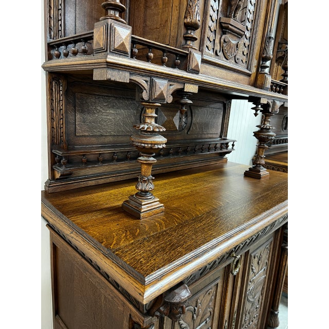 Wood Stunning Antique Carved Wood Hutch Cabinets – Matching Pair For Sale - Image 7 of 8