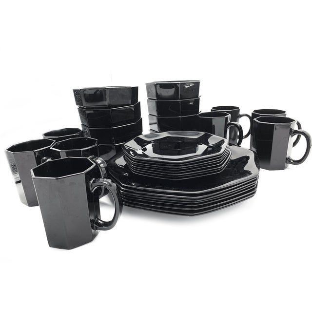 Vintage Black Arcoroc French Octagon Shaped Modern Plates, Bowls, and