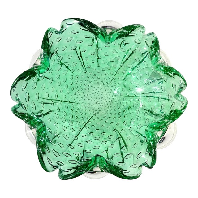 Murano Vintage Green Controlled Bubbles Italian Art Glass Flower Shaped Decorative Ashtray Bowl For Sale