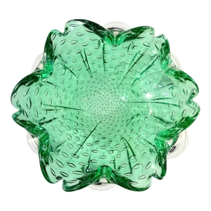 Vintage Murano Green Controlled Bubbles Italian Art Glass Flower Shaped Decorative Ashtray Bowl