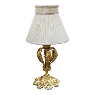 French-Style Gold Leaf Table Lamp – Delicate Bronze Base With Ornate Leaf Motifs & Pleated Shade For Sale