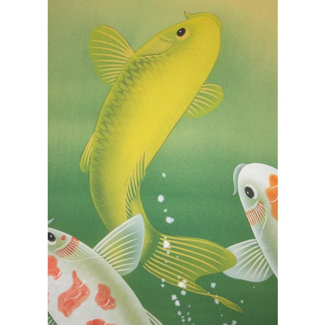 Wood "Dancing Carps" by Akimitsu Sataka, Japanese Silk Scroll Painting in Original Wooden Case For Sale - Image 7 of 18