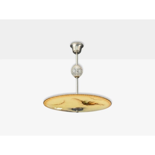 Swedish Mid-Century Modern, Glass, Metal, Pendant Light, Sweden, 1940s A deco style decorative glass and metal pendant...