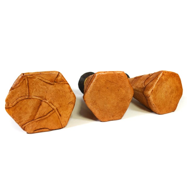 Late 20th Century Folk Art Handmade Pottery Clay Art Wrapped Covered With Leather Candlestick Candle Holders - Set of 3 For Sale - Image 5 of 8