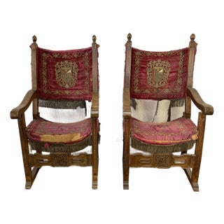 Pair of 17th Century Spanish Style Friar Fraileros Carved Accent Arm Chairs For Sale