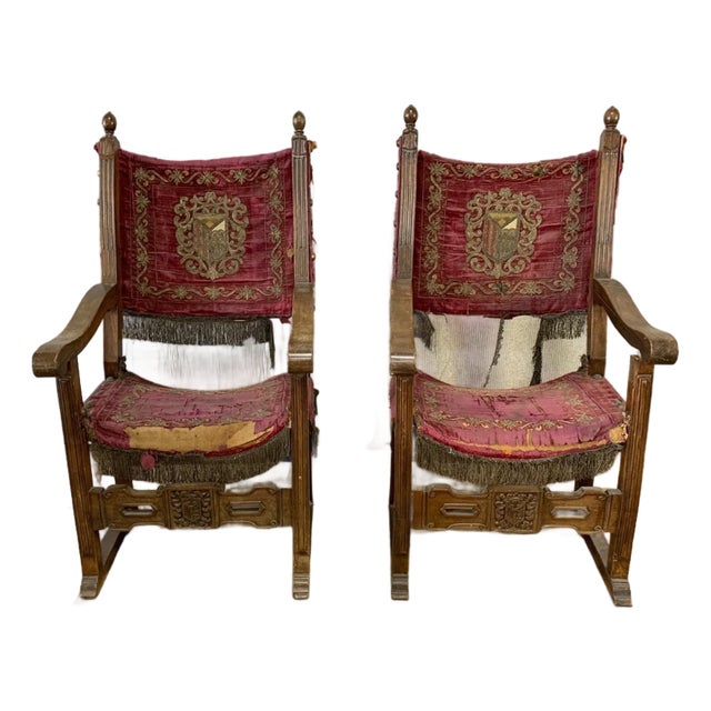 Pair of 17th Century Spanish Style Friar Fraileros Carved Accent Arm Chairs For Sale