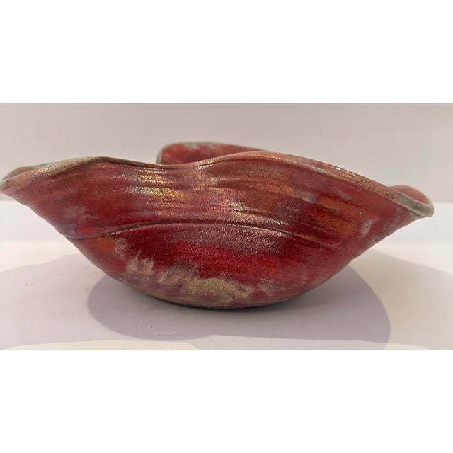 Ceramic Signed Raku Ceramic Flower Arrangement Bowl With Frog-Style Center For Sale - Image 7 of 11
