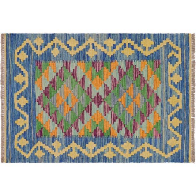 Rustic Turkish Kilim Blue Gold Hand-Woven Wool Rug For Sale - Image 9 of 9