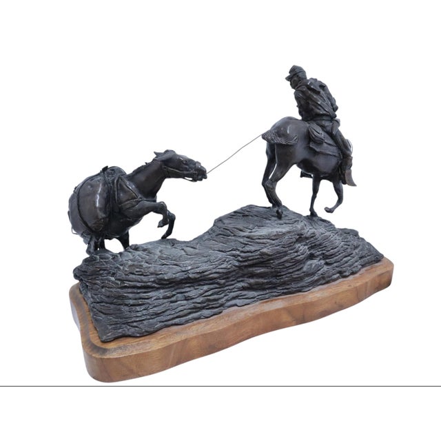 Remarkable limited edition 1973 bronze sculpture titled "Fort Assiniboine Trooper" by Oregon artist Dan Huber, depicting a...