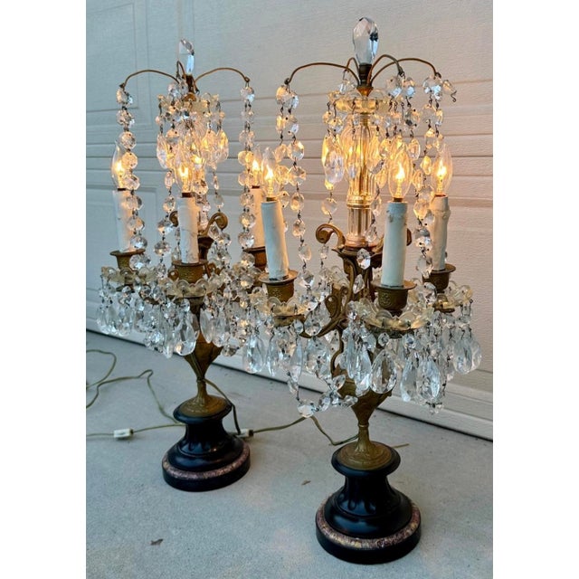 French Antique Girandole Candelabra Crystal Chandelier Table Lamps - a Pair For Sale - Image 4 of 18