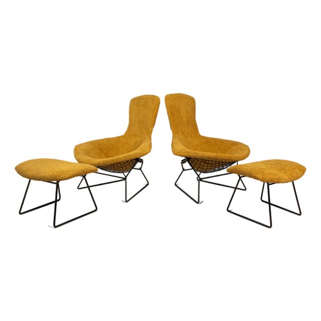 Set of Two (2) Authentic Bird Lounge Chairs W/ Matching Ottomans in Bouclé by Harry Bertoia for Knoll, Usa, C. 1960's For Sale