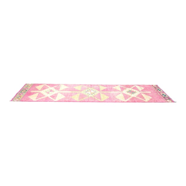 1960s Vintage Pink Color Geometric Handmade Turkish Runner For Sale