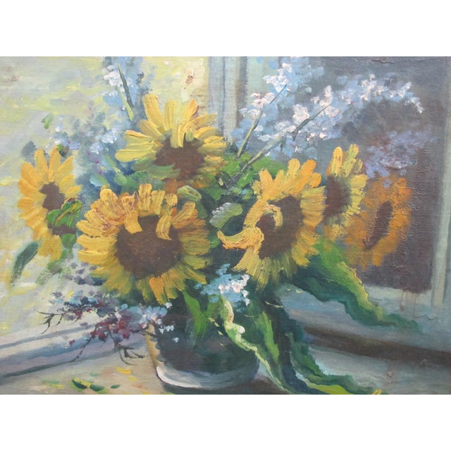 Traditional Still Life of Sunflowers in Vase Reflection Framed Signed Unknown Oil Painting For Sale - Image 3 of 6