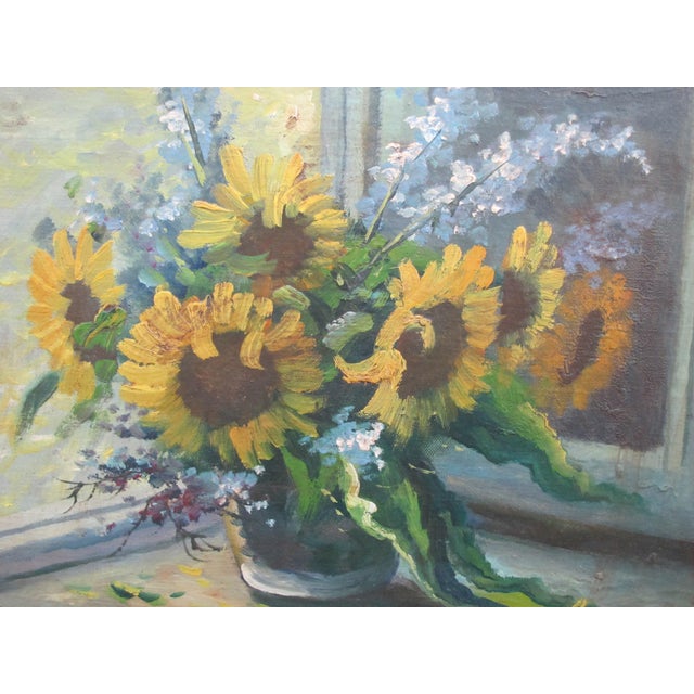 Traditional Sunflowers in Vase Refection Still Life Framed Signed Unknown Oil Painting For Sale - Image 3 of 6