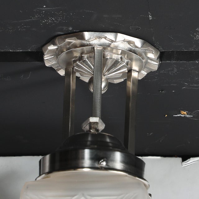 Metal Art Deco Skyscraper-Style Nickeled Bronze & Frosted Glass 4-Arm Chandelier For Sale - Image 7 of 13