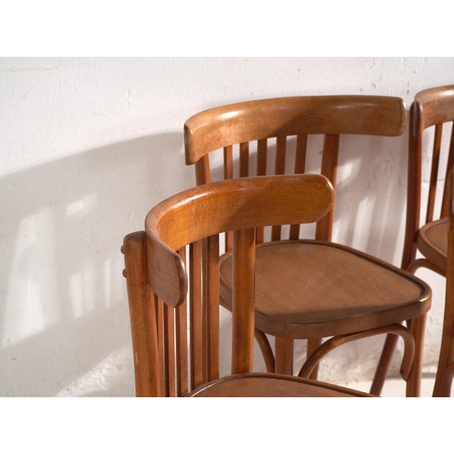 A set of four antique chairs in bentwood, with a curved crest rail over vertical splats and a moulded board seat....