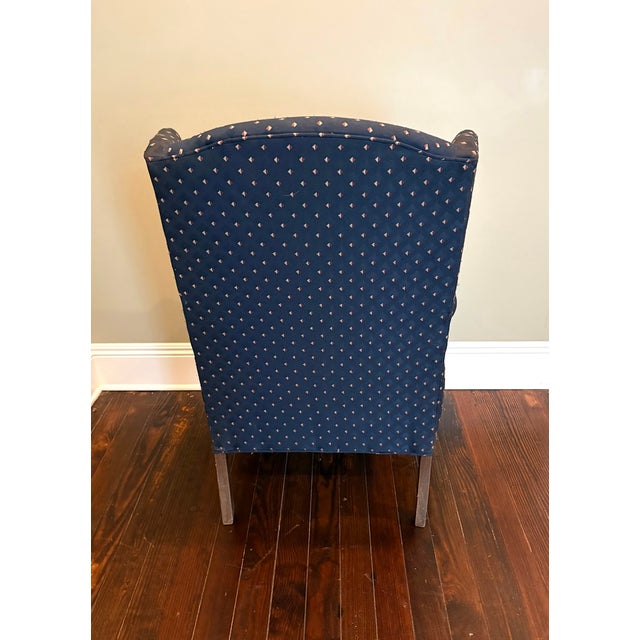 Traditional Navy Diamond-Print Wingback Chair For Sale - Image 3 of 5