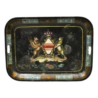 19th Century English Regency Tole Metal Toleware Hand Painted Tray Crown Shield For Sale