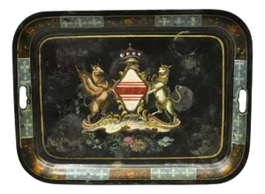 19th Century English Regency Tole Metal Toleware Hand Painted Tray Crown Shield