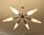 Large Vintage Sputnik pendant light, featuring 6 spokes with wood trim, opaline glass shades with a light pinstripe...