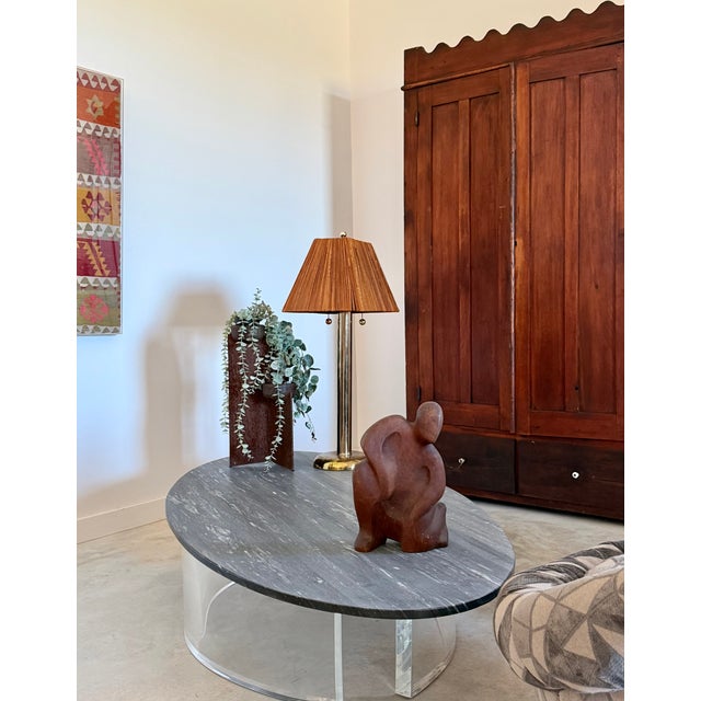Sleek Organic Modern Brass Table Lamp with Rectangular Split Reed Shade Aged brass with natural patina table lamp in...