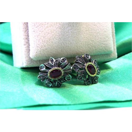 Gold and Silver Earrings with Diamond Chips and Synthetic Rubies, Set of 2, in Very Good conditions. Designed 1980 to 1989...