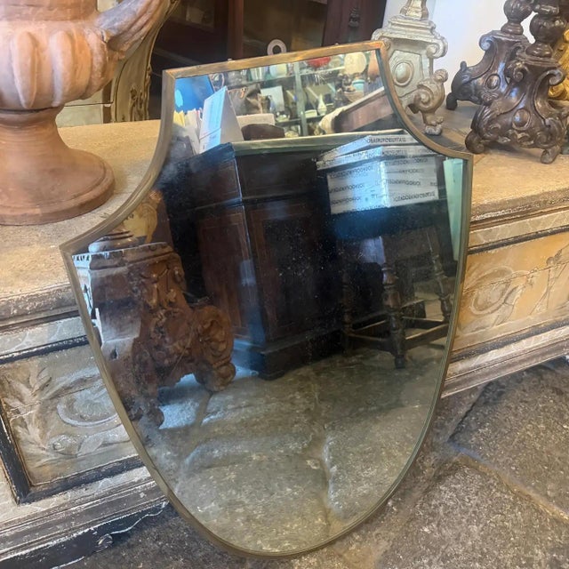 1950s Gio Ponti Style Mid-Century Modern Brass Shield Italian Wall Mirror For Sale - Image 12 of 13