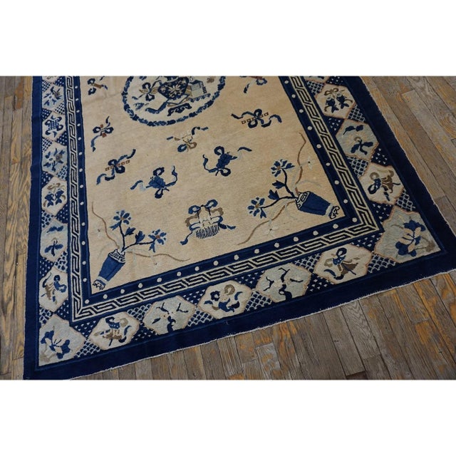 Chinese 1890s Beige Classic Greek Key Vase Antique Chinese Peking Small Knotted Wool Rug For Sale - Image 3 of 8