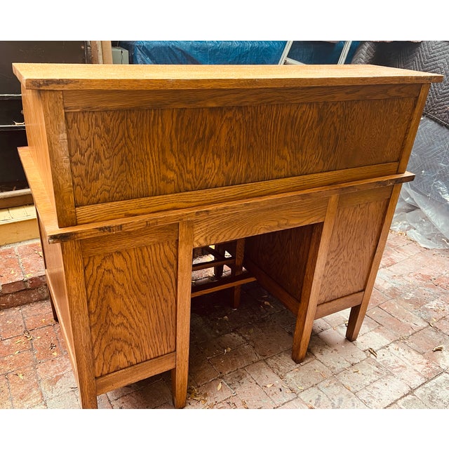 Mid-Century Solid Oak Roll-Top Arts and Crafts Desk and Chair With Lock & Key For Sale - Image 14 of 14